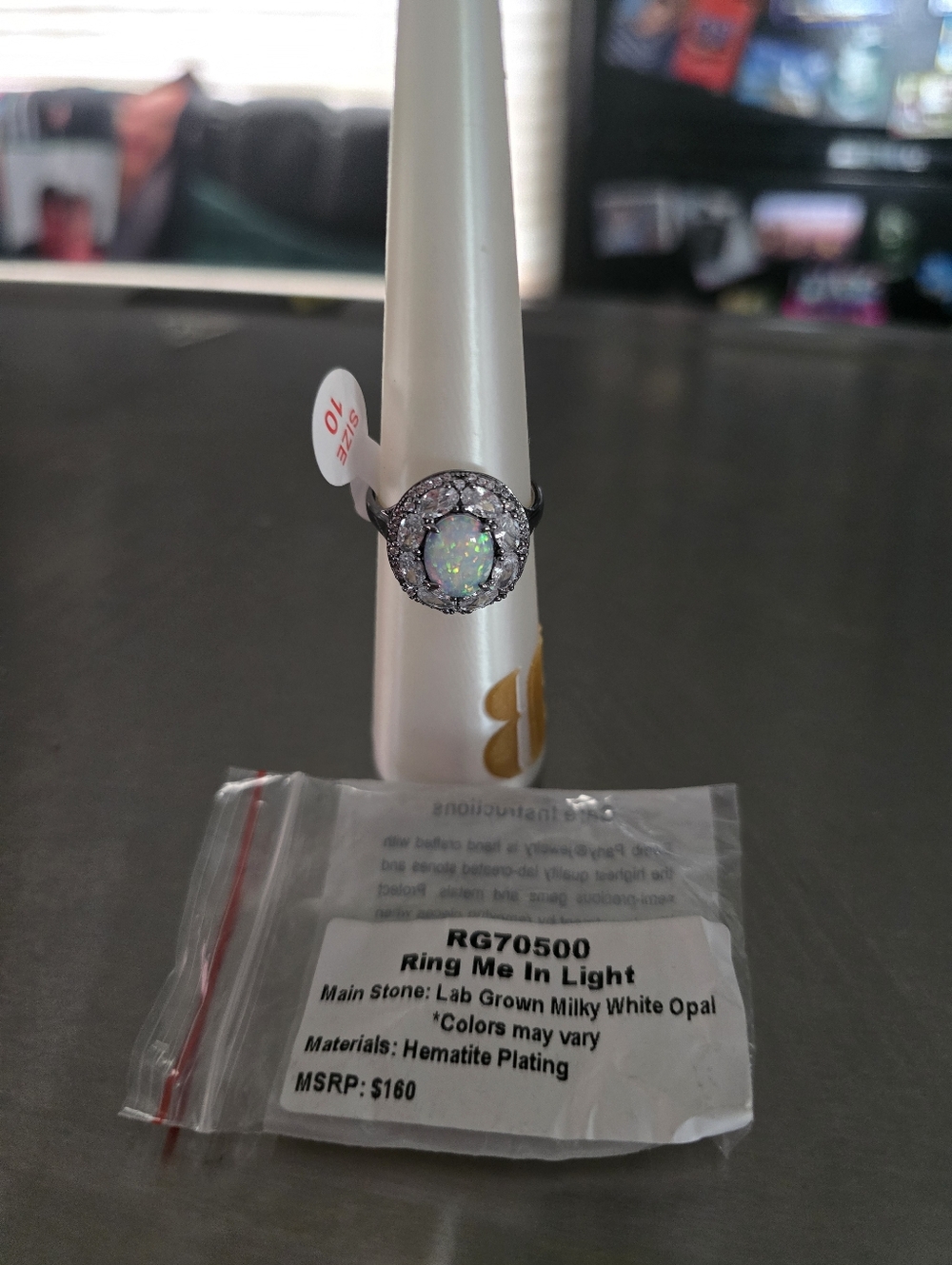 Lab-Grown Milky White Opal Ring Me In Light Ring - Hematite Plating Sz 10